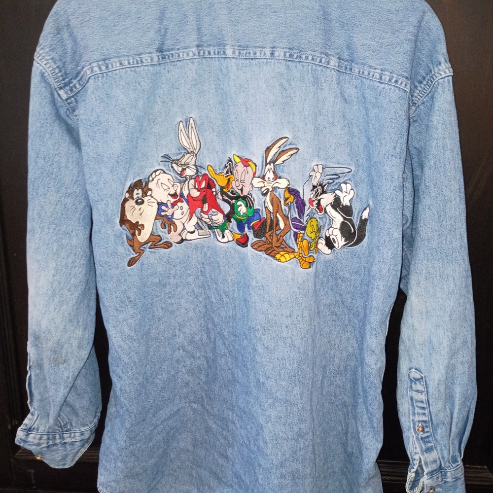Light Wash Denim Jacket with Embroidered Looney Tunes Characters